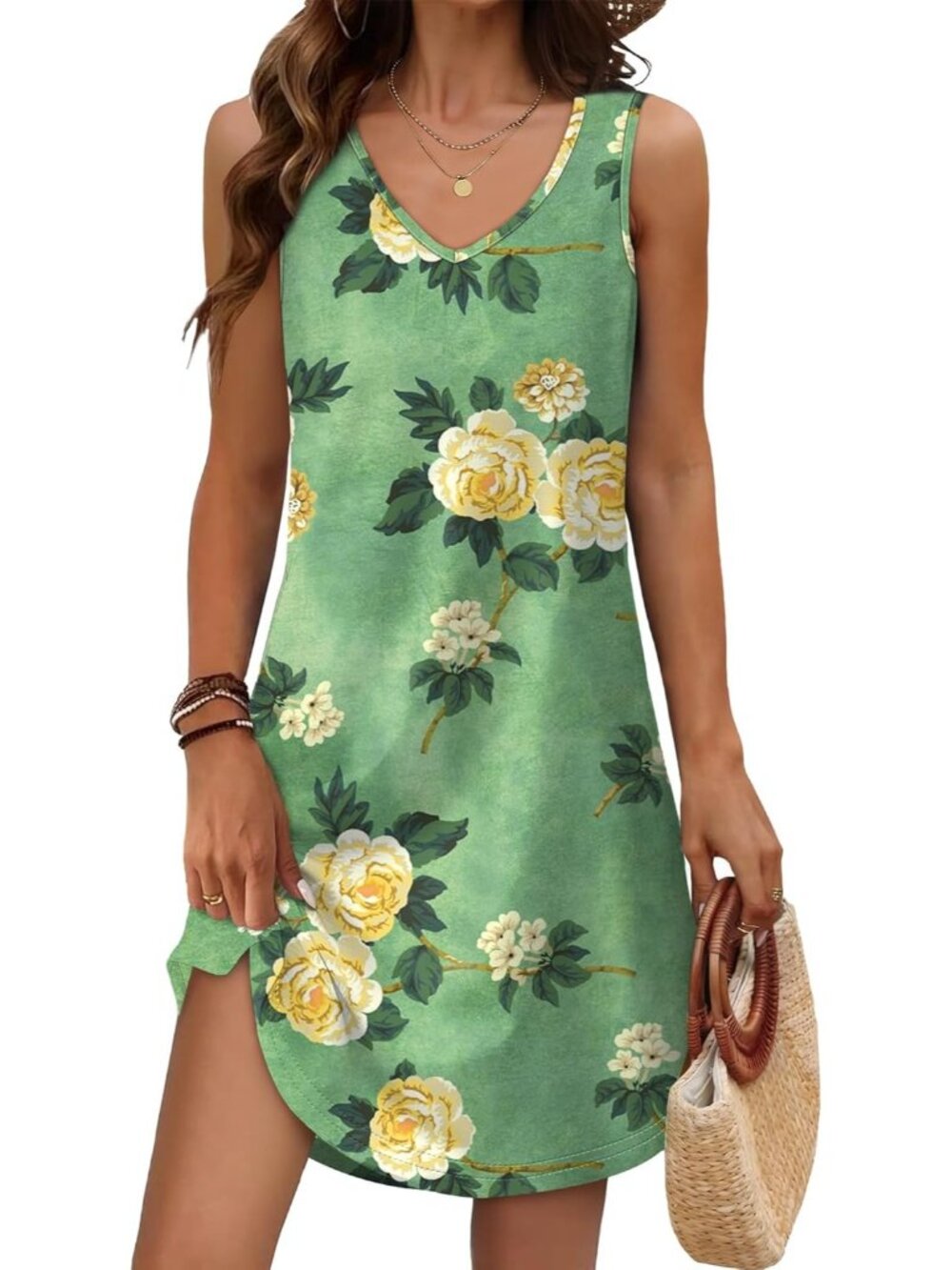 Women's Summer Dress Green F V Neck Sleeveless Dress Sundresses Swimsuit Coverup